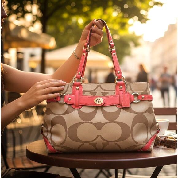 Vintage Y2k Coach Purse 2008 Coral Pink Tan Shoulder Signature Canvas Leather - Picture 1 of 14